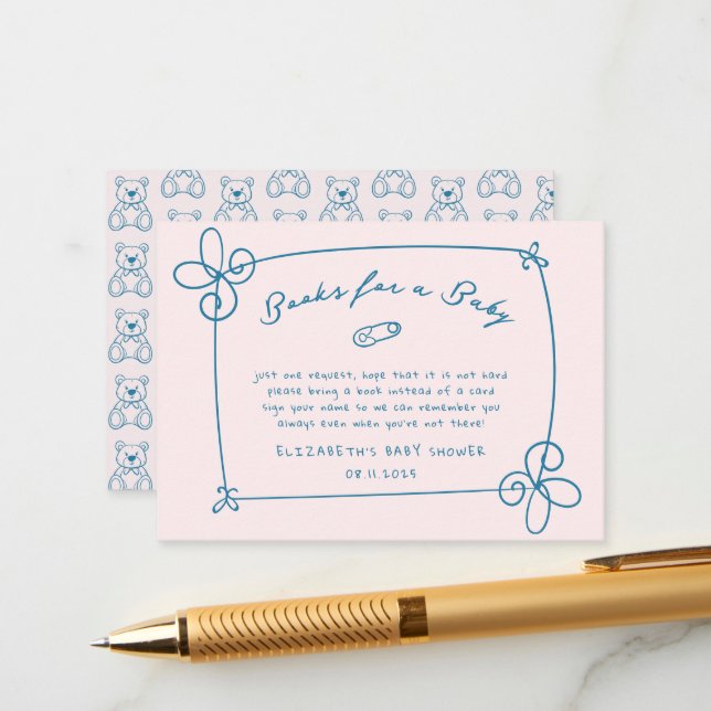 Sketched Cute Wavy Bow Frame Baby Shower Enclosure Card (Front/Back In Situ)