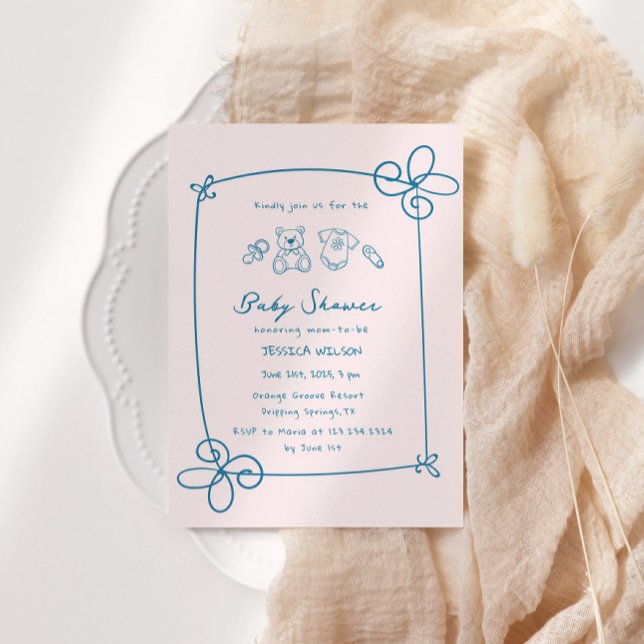 Sketched Cute Wavy Bow Frame Baby Shower Invitation (Creator Uploaded)