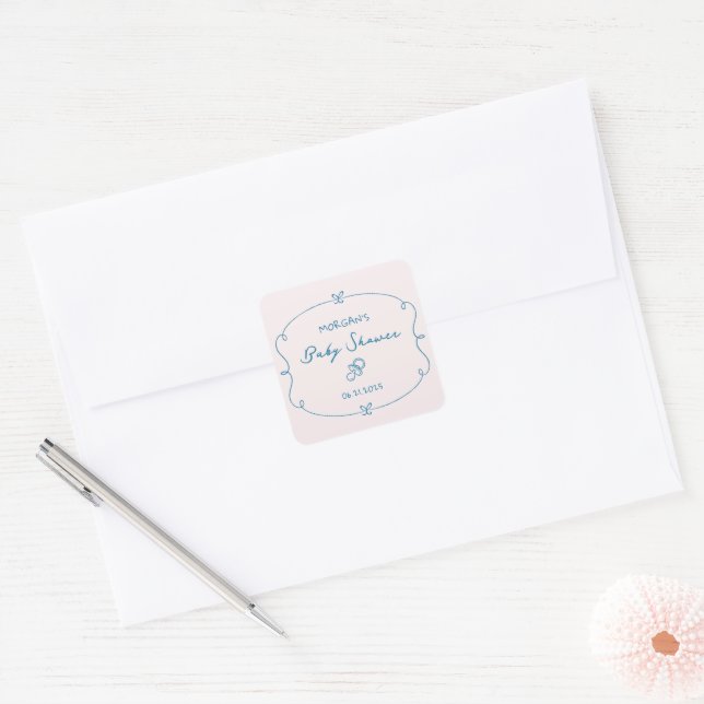 Sketched Cute Wavy Bow Frame Baby Shower Square Sticker (Envelope)