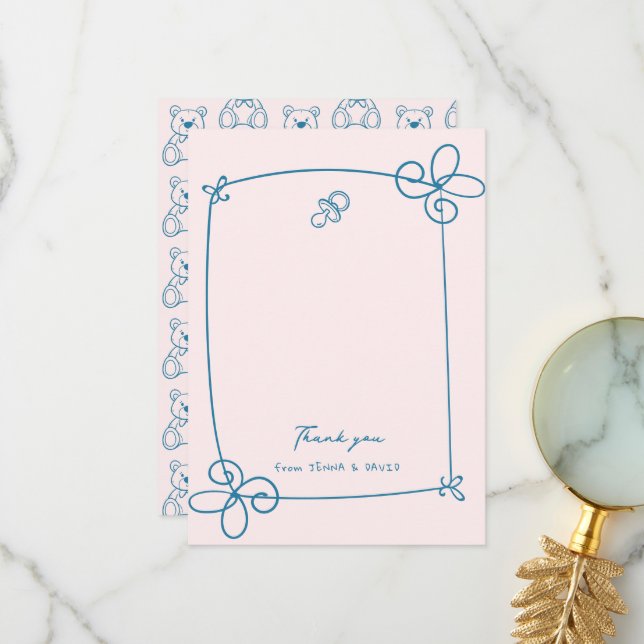 Sketched Cute Wavy Bow Frame Baby Shower Thank You Card (Front/Back In Situ)