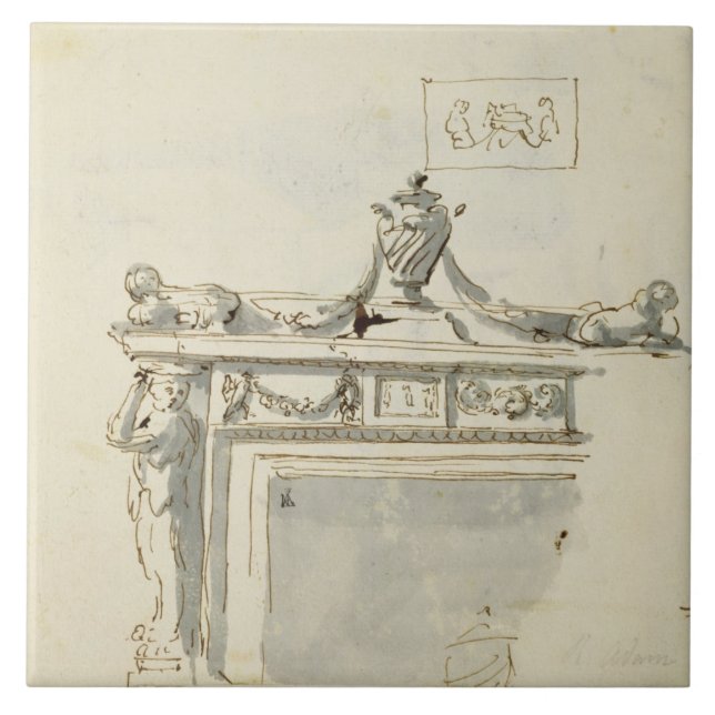 Sketched design for a fireplace (pen & ink and was tile (Front)