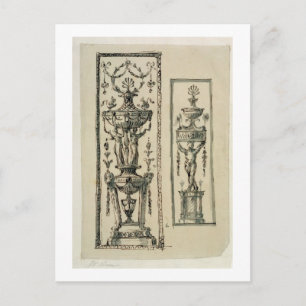 Sketched designs for ornate panels (pen & ink and postcard