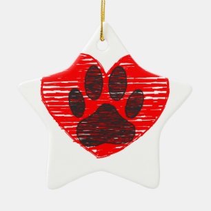 Sketched Dog Paw In Red Heart Ceramic Tree Decoration