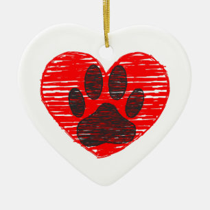 Sketched Dog Paw In Red Heart Ceramic Tree Decoration