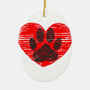Sketched Dog Paw In Red Heart Ceramic Tree Decoration