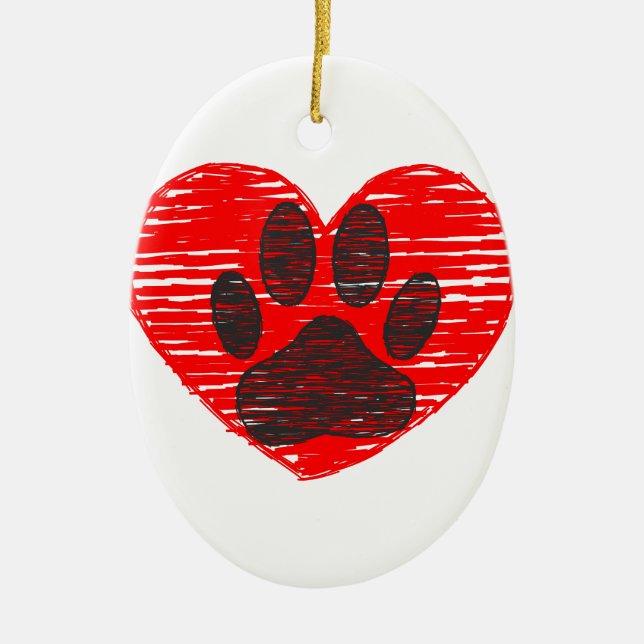 Sketched Dog Paw In Red Heart Ceramic Tree Decoration (Front)