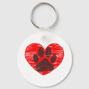 Sketched Dog Paw In Red Heart Key Ring