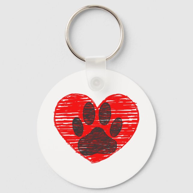 Sketched Dog Paw In Red Heart Key Ring (Front)