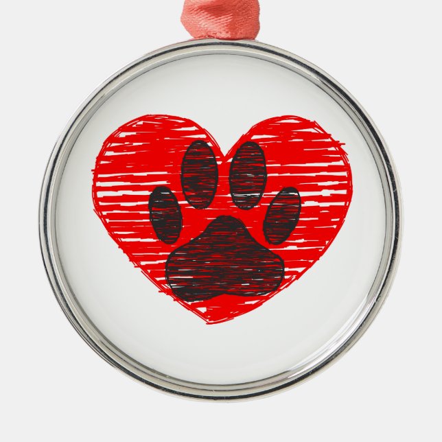 Sketched Dog Paw In Red Heart Metal Tree Decoration (Front)