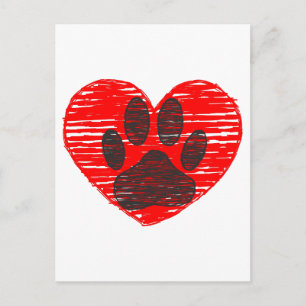 Sketched Dog Paw In Red Heart Postcard