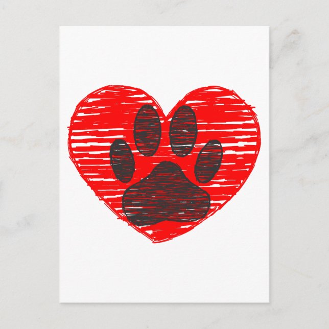 Sketched Dog Paw In Red Heart Postcard (Front)