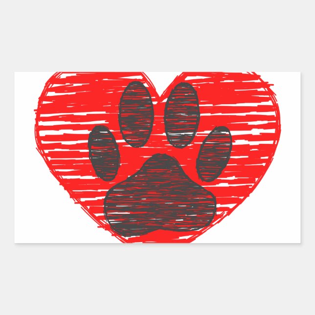 Sketched Dog Paw In Red Heart Rectangular Sticker (Front)