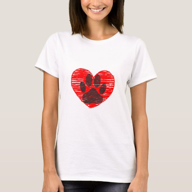 Sketched Dog Paw In Red Heart T-Shirt (Front)