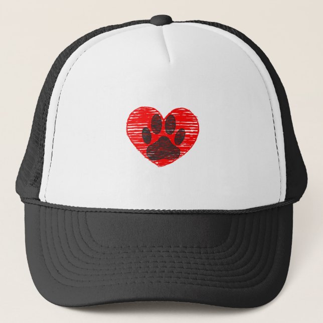 Sketched Dog Paw In Red Heart Trucker Hat (Front)