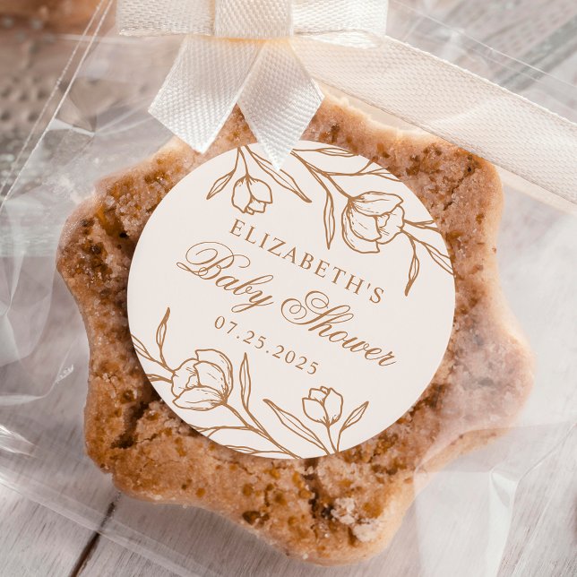 Sketched Floral Almond and Copper Baby Shower Classic Round Sticker (Creator Uploaded)