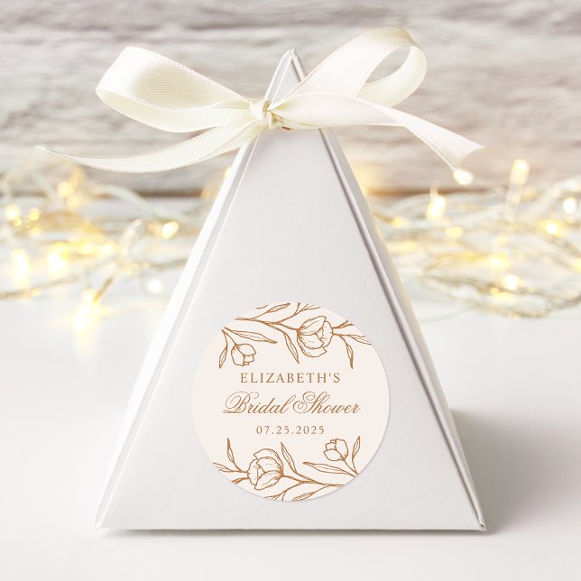 Sketched Floral Almond and Copper Bridal Shower Classic Round Sticker (Creator Uploaded)