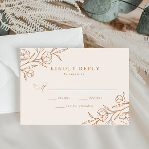 Sketched Floral Almond and Copper Wedding RSVP Card
