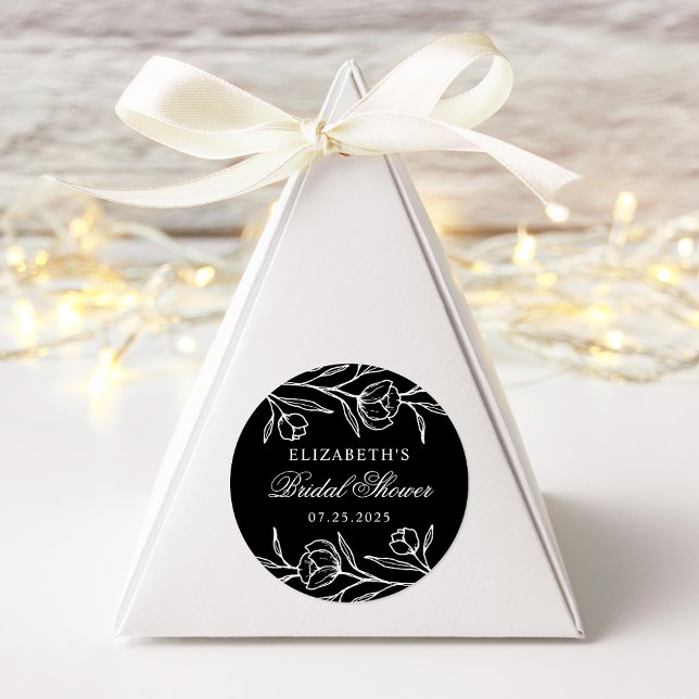 Sketched Floral Black and White Bridal Shower Classic Round Sticker (Creator Uploaded)