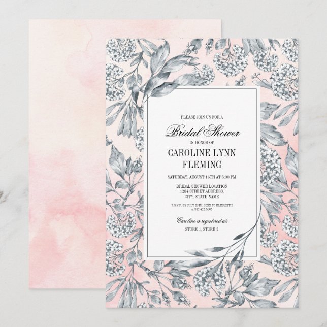 Sketched Floral Blush Pink Bridal Shower Invitation (Front/Back)