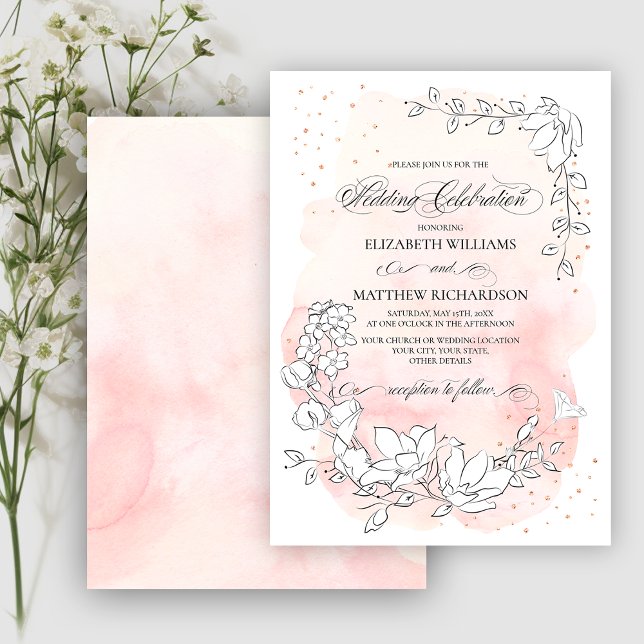Sketched Floral Blush Pink Watercolor Wedding Invitation (Creator Uploaded)