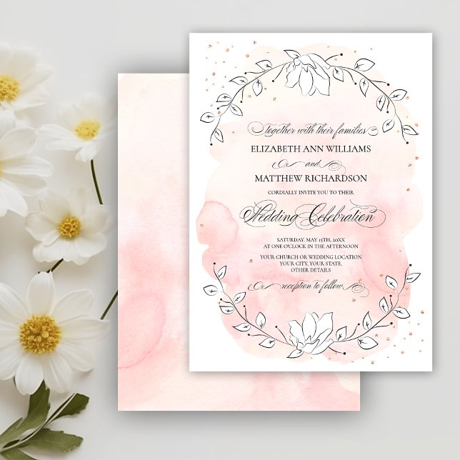 Sketched Floral Blush Pink Watercolor Wedding Invitation (Creator Uploaded)
