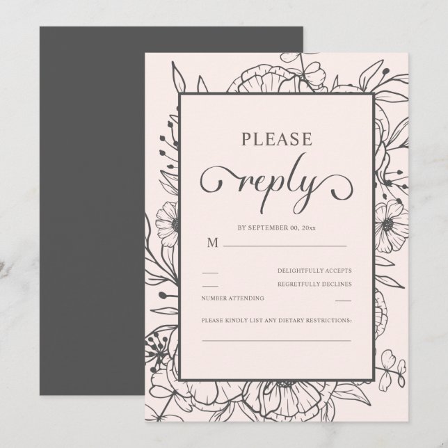 Sketched Floral Chic Pink Wedding RSVP  (Front/Back)