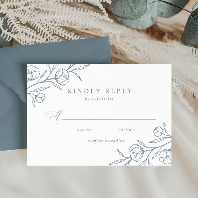 Sketched Floral Dusty Blue Wedding RSVP Card (Creator Uploaded)