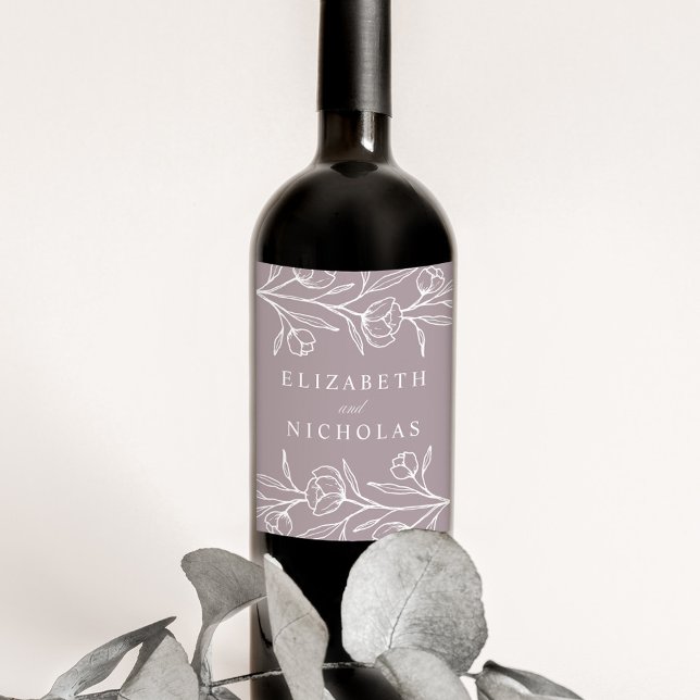 Sketched Floral Dusty Purple Wedding Wine Label (Creator Uploaded)