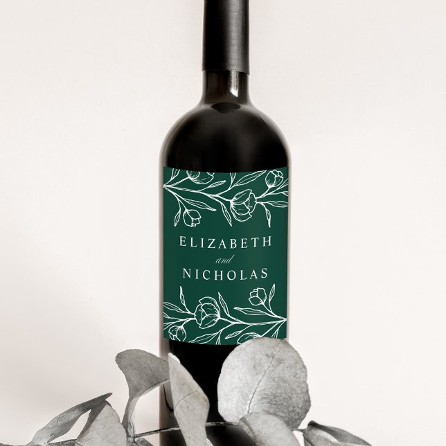 Sketched Floral Green Wedding Wine Label (Creator Uploaded)