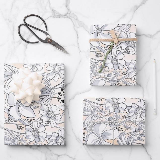 Sketched Floral Meadow Blush Watercolor Wrapping Paper Sheet (Front)