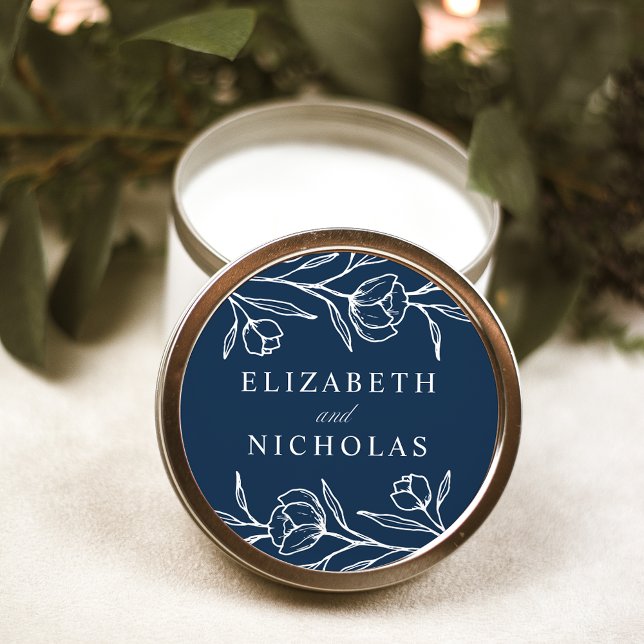 Sketched Floral Navy Wedding Classic Round Sticker (Creator Uploaded)