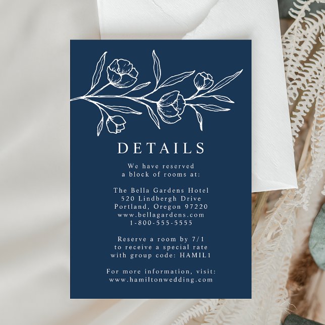 Sketched Floral Navy Wedding Details Enclosure Card (Creator Uploaded)