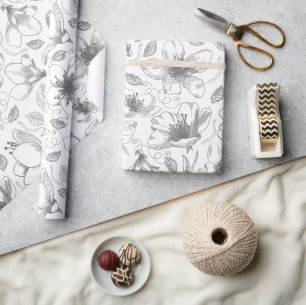 Sketched Floral Outline Pattern Black ID939 Wrapping Paper