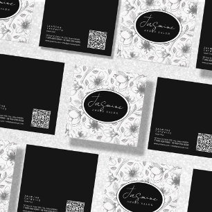 Sketched Floral Outline Pattern Gray/Wht ID939 Square Business Card