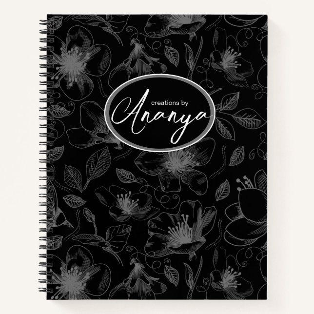 Sketched Floral Outline Pattern Grey/Blk ID939 Notebook (Front)