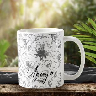 Sketched Floral Outline Pattern Grey/Wht ID939 Coffee Mug