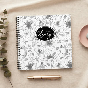 Sketched Floral Outline Pattern Grey/Wht ID939 Notebook