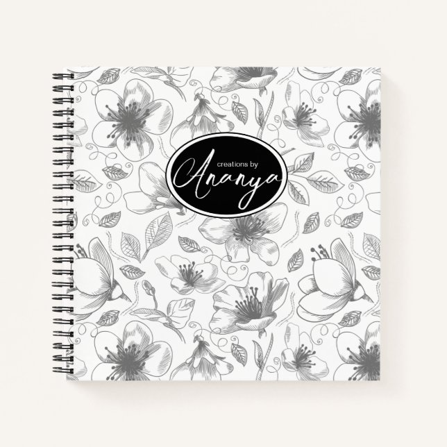 Sketched Floral Outline Pattern Grey/Wht ID939 Notebook (Front)