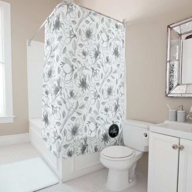 Sketched Floral Outline Pattern Grey/Wht ID939 Shower Curtain (In Situ)