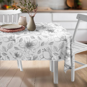 Sketched Floral Outline Pattern Grey/Wht ID939 Tablecloth