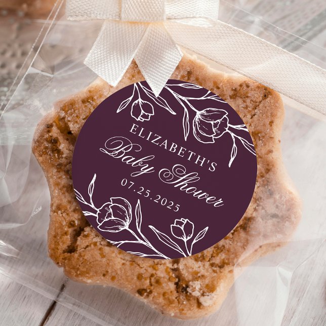 Sketched Floral Purple Baby Shower Classic Round Sticker (Creator Uploaded)
