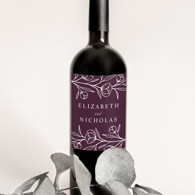 Sketched Floral Purple Wedding Wine Label (Creator Uploaded)