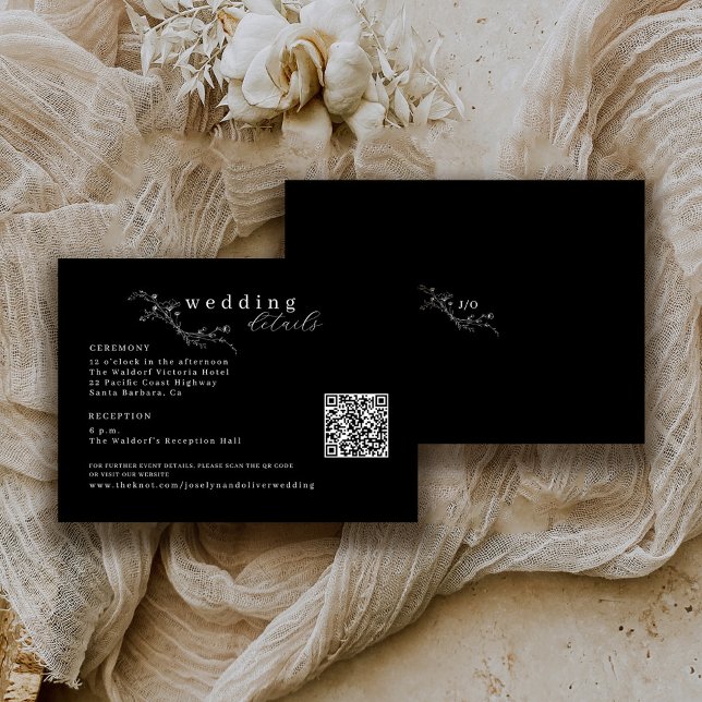 Sketched Floral QR Code White on Black Wedding Enclosure Card (Creator Uploaded)