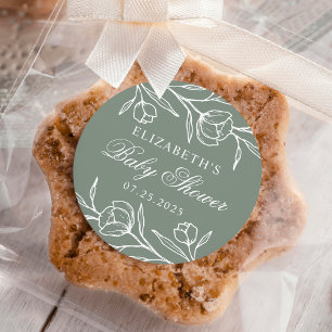 Sketched Floral Sage Green Baby Shower Classic Round Sticker