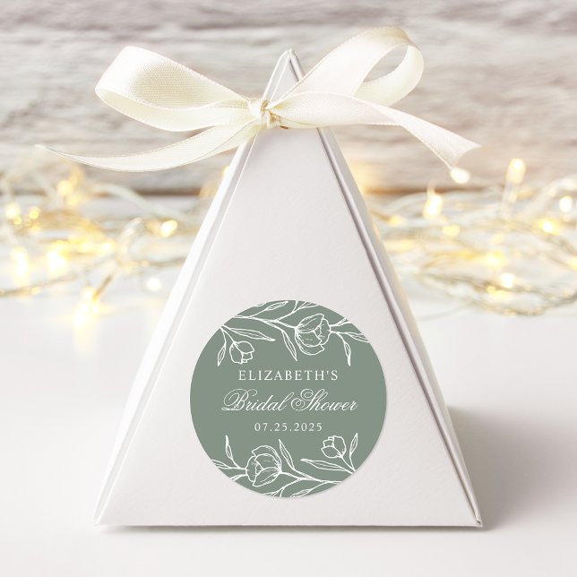 Sketched Floral Sage Green Bridal Shower Classic Round Sticker (Creator Uploaded)