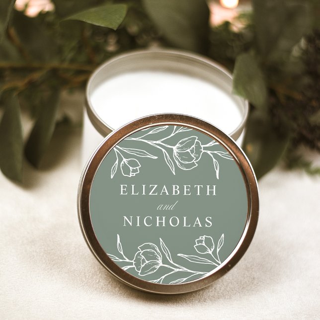 Sketched Floral Sage Green Wedding Classic Round Sticker (Creator Uploaded)