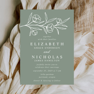 Sketched Floral Sage Wedding Invitation