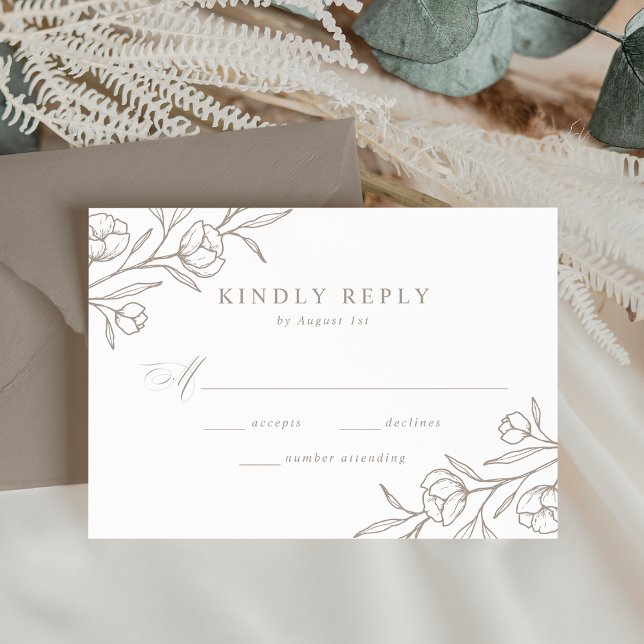 Sketched Floral Taupe Wedding RSVP Card (Creator Uploaded)