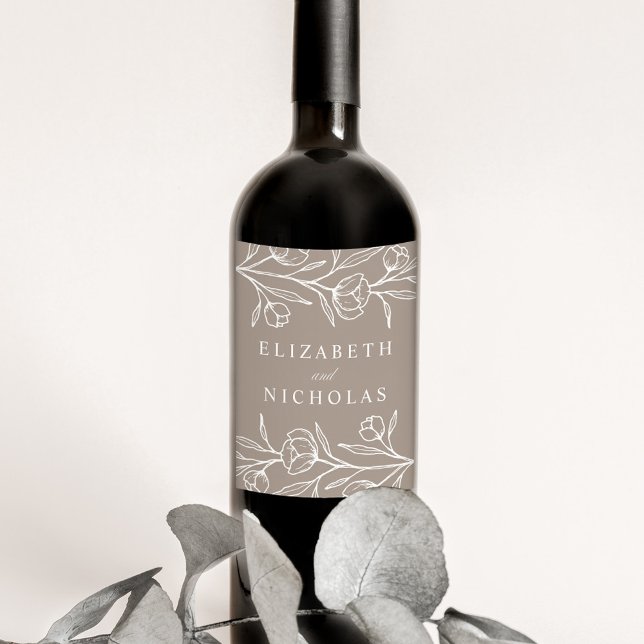 Sketched Floral Taupe Wedding Wine Label (Creator Uploaded)
