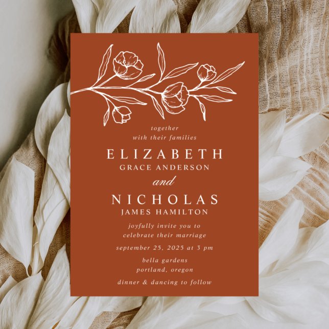 Sketched Floral Terracotta Clay Wedding Invitation (Creator Uploaded)